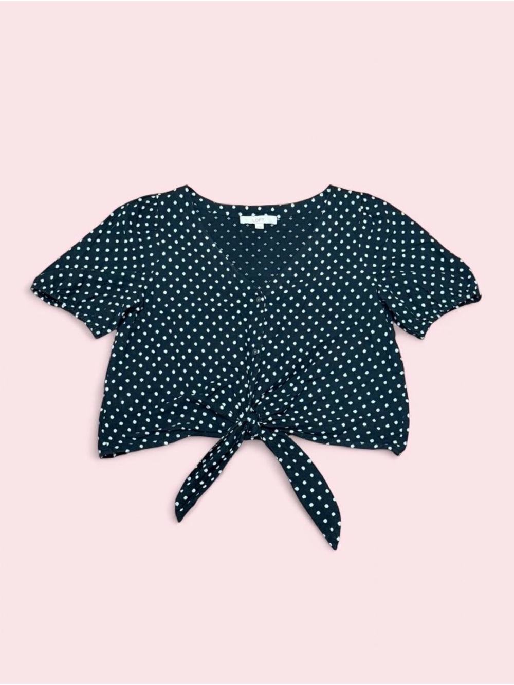LOFT Polka Dot Tie Front Blouse M Black White Puff Sleeve Cottagecore Pinup Top
